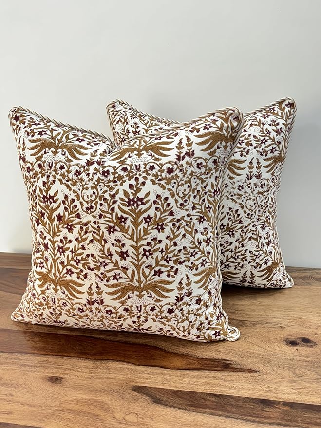 ATOSII Block Print Boho Throw Pillow Covers, 18 X 18, Set of 2, Decorative Couch Pillows for Living Room, 100% Cotton Canvas Acccent Pillows, Christmas Thanksgiving Fall Preppy Throws - Nargis Cider