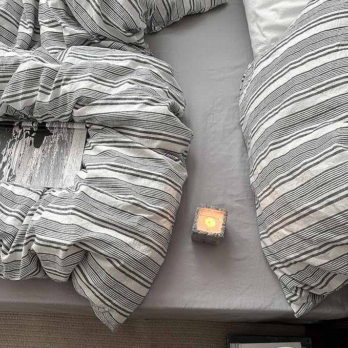mixinni Washed Cotton Duvet Cover Twin Set - 3 Piece Gray & White Striped Bedding with Pillowcases | Vintage Industrial Style | 100% Cotton Soft Breathable-Twin Size