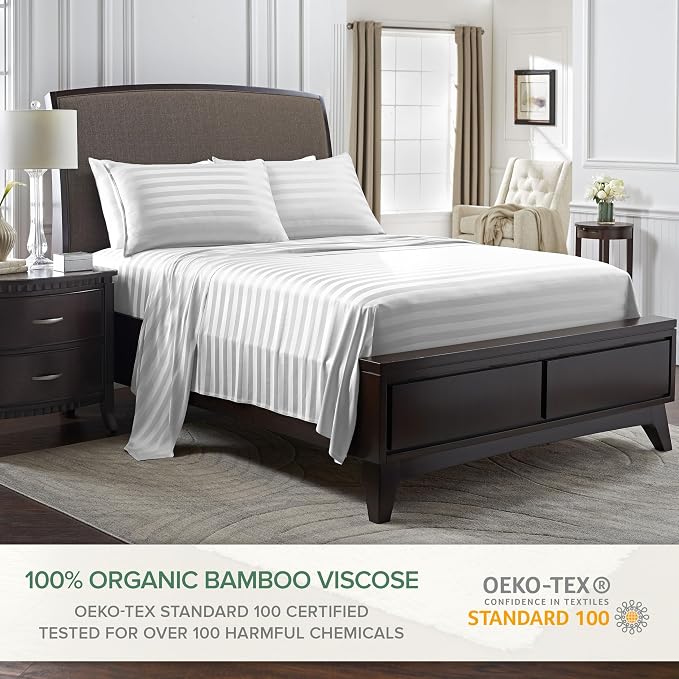 Pure Bamboo Full Sheets, Genuine 100% Organic Viscose Derived from Bamboo Bed Sheet Set, Luxuriously Soft & Cooling, Double Stitching, 2 Year Quality Promise (Full, Jacquard White)