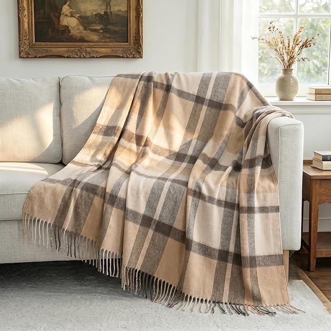 100% Wool Blanket Throw,Beige Plaid Wool Blanket with Compact Bag,Rustic Soft Lightweight Blanket for Couch,Sofa,Bed & Lounging Decoration, Warm Travel Blanket for Home, Airplane,Ideal Gifts 55"x83"