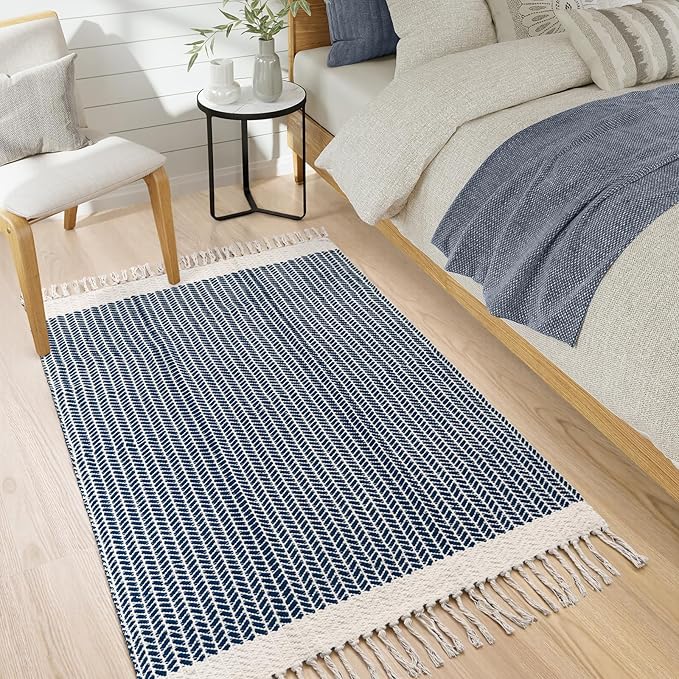 Lahome Belle Boho Bedroom Rug, 3x5 Kichen Rugs for Entryway Living Room Woven Washable Carpet with Tassels, Farmhouse Lightweight Navy Blue Non Shedding Floor Carpet for Bedroom Laundry