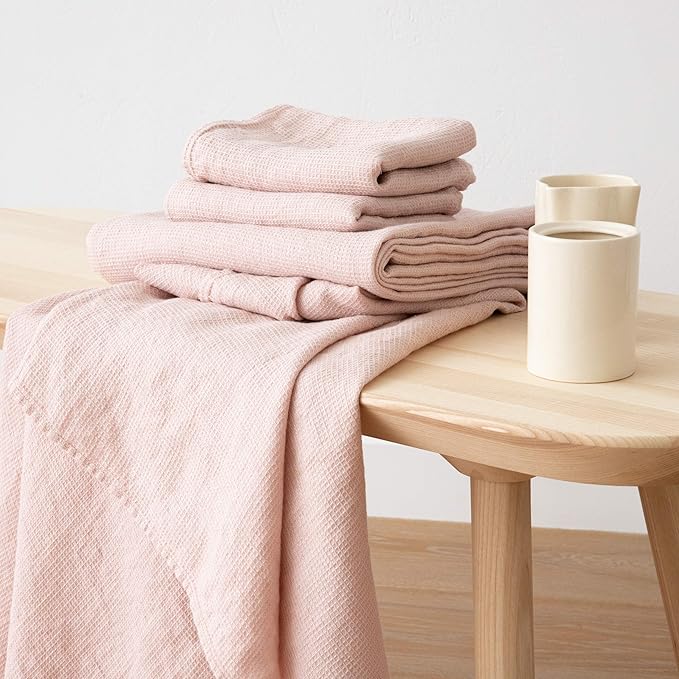 LinenMe Washed Waffle Bath Towel, 39 x 63, Rosa