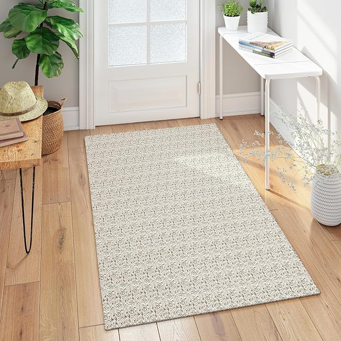 Collive Boho Washable Area Rugs 3x5 Kitchen Area Rugs Rubber Backed Woven Braided Carpet Non-Slip Farmhouse Bedroom Rugs Tan Indoor Front Door Rugs for Entryway Bathroom Balcony, Natural