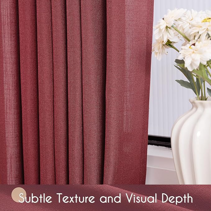 Burgundy Curtains for Living Room Back Tab Modern Farmhouse Semi Sheer Burgundy Curtains 108 inches Long 2 Panels Set Muted Neutral Window Curtain for Dining Room Bedroom 52x108