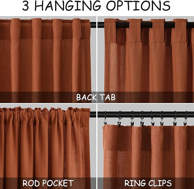 2 Panels Terracotta Linen Curtains 108 inches Long for Living Room Extra Long Back Tab Semi Sheer Rustic Farmhouse Boho Curtains Ceiling to Floor Length 108 inch for Large Window Rust Colored 9 FT