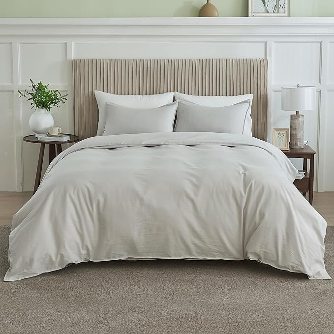 BISELINA French Linen Duvet Cover Set 3pcs with Hidden Zipper Closure Natural Flax Cotton Blend Solid Color Soft Breathable Luxury Farmhouse Bedding - Full Size, Khaki Grey