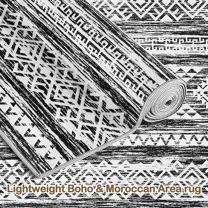 Tortania Area Rug Living Room Rugs - 8x10 Washable Large Soft Neutral Boho Moroccan Bohemian Farmhouse Rug Indoor Floor Carpet for Bedroom Under Dining Table Home Office Decor - Black White