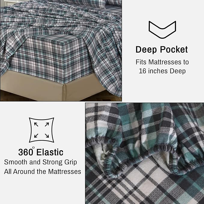 RUVANTI Flannel Sheets King Size - 100% Cotton Double Brushed King Size Sheets Set - Deep Pockets 16 Inches Bed Sheets - All Seasons Breathable & Extra Soft - Warm & Cozy, 4 Piece, Mint Grey