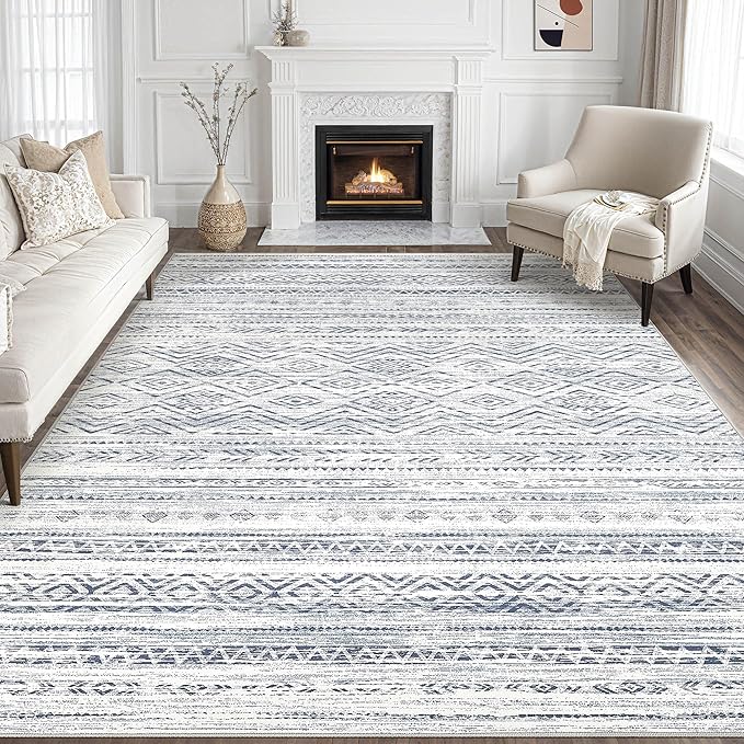 Tortania Area Rug Living Room Rugs- 9x12 Washable Large Soft Neutral Boho Moroccan Bohemian Farmhouse Rug Indoor Floor Carpet for Bedroom Under Dining Table Home Office Decor - Dark Blue