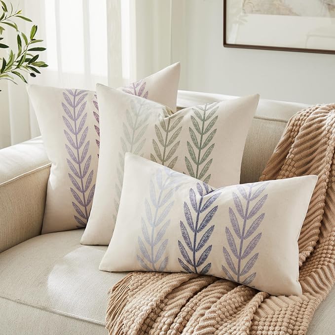 100% Cotton Farmhouse Leaves Throw Pillow Covers Set of 2, 22x22 Inch Mixed Green Pastoral Decorative Print Cushion Covers for Sofa Bed Living Room Home Decor