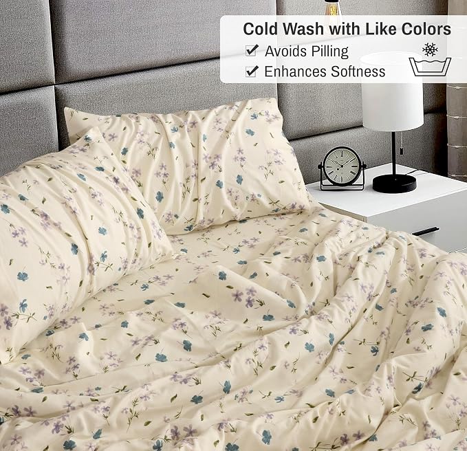 RUVANTI Flannel Sheets Split King Size - 100% Cotton Double Brushed Split King Bed Sheets Set - Deep Pockets 16 Inches - All Seasons Breathable & Extra Soft - Warm & Cozy, 5 Piece, Jasmine Stamp Cream