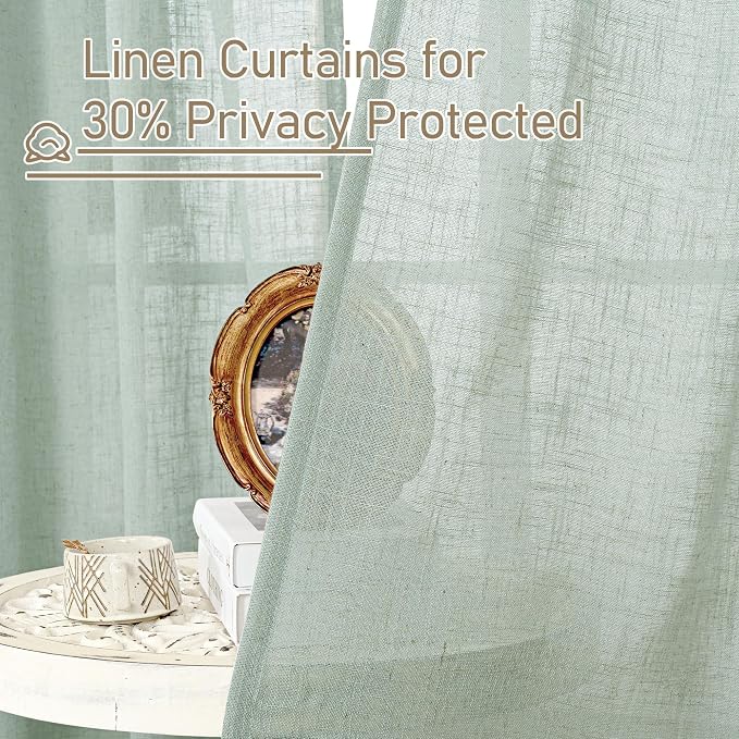 LAMIT Semi Sheer Linen Curtains 54 Inch Length 2 Panels, Light Sage Light Filtering Panels Back Tab and Rod Pocket Neutral Drapes for Kitchen/Window/Dining Room, 52 x 54 Inch