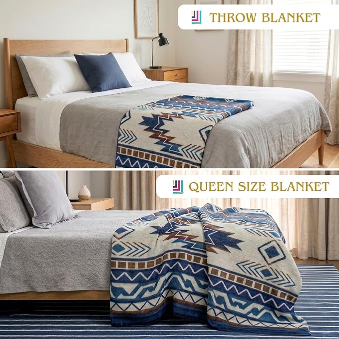 Alpaca Wool Throw Blanket,Queen Size Native Design Wool Blanket, Throw Aztec Pattern Alpaca Wool Throw Blanket (Blue, Queen 93" x 82")