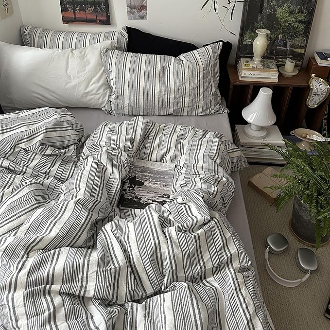 mixinni Vintage Gray & White Striped Duvet Cover Set - 3 Piece 100% Washed Cotton Full Size Bedding | Minimalist Gender-Neutral Design | Ultra-Soft Breathable, with Zipper Closure & Corner Ties