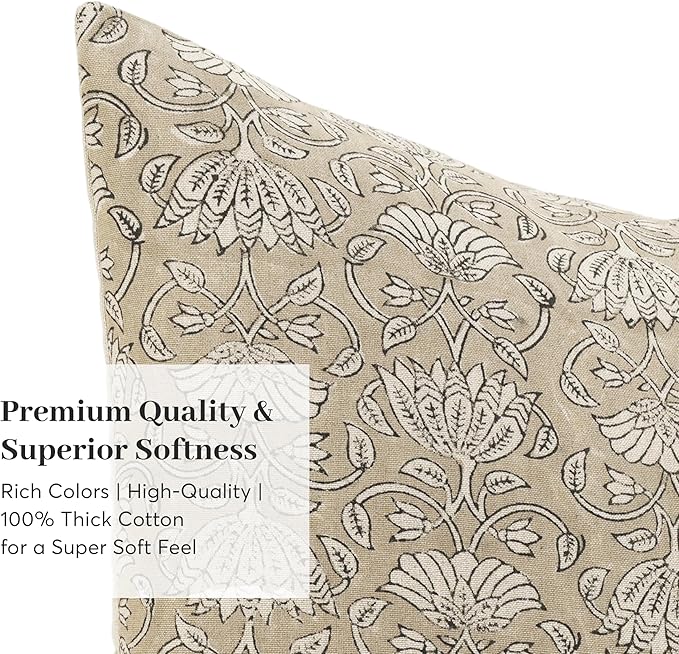 Hand-Block Printed, Artisan-Made Neutral Accent Throw Pillow Covers- 100% Cotton Cushion for Sofa, Bed, Chair, Home Decor, Boho, Indoor - Lina/Sansa (Beige, 20" x 20" (Pack of 2))