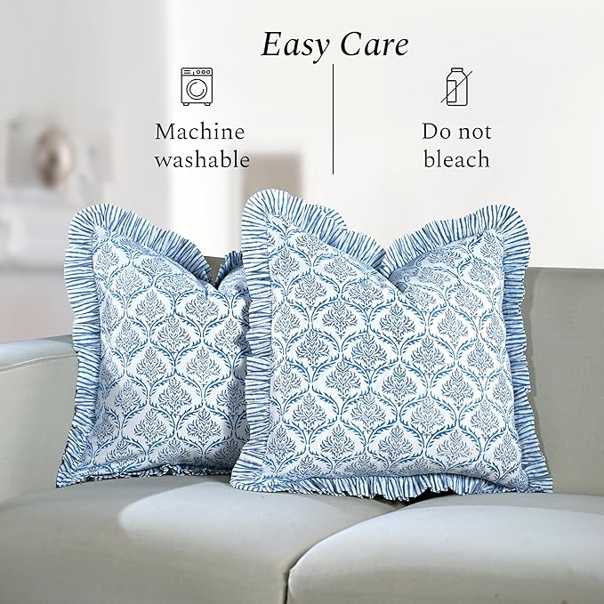 CPC Indigo Regal Hand Block Print 100% Cotton Ruffle Throw Pillow Cover 24x24 inch with Hidden Zipper Decorative for Couch, Bed, Sofa, Farmhouse, Cottagecore Decor Gift Christmas Fall Thanksgiving