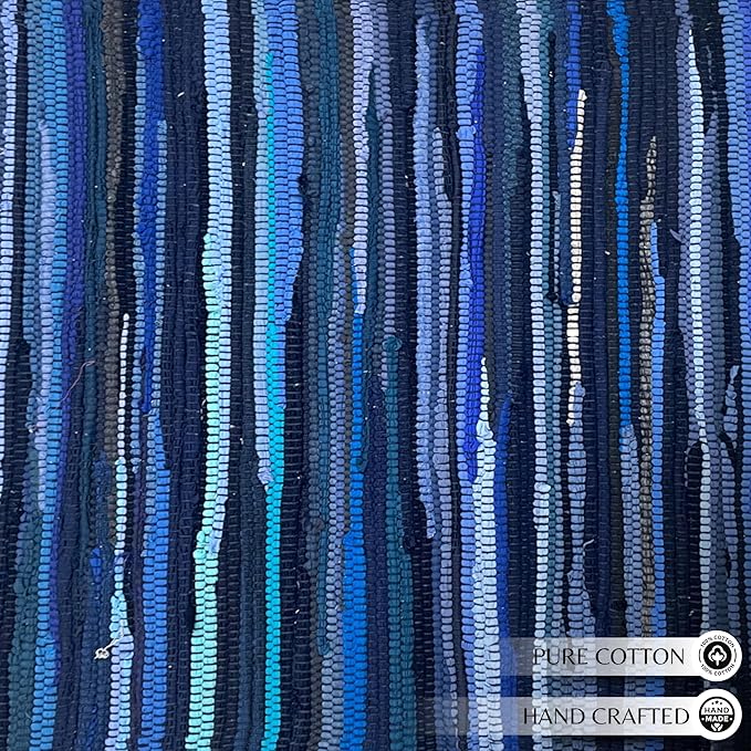 Cotton Hand Woven Chindi Rug 2x3 Feet - Navy, Durable Rectangular Small Doorway Space Rag Rugs Ideal for Entryway, Kitchen, Bedroom, Balcony | Blue Accent Reversible Floor Throw Carpet for Office