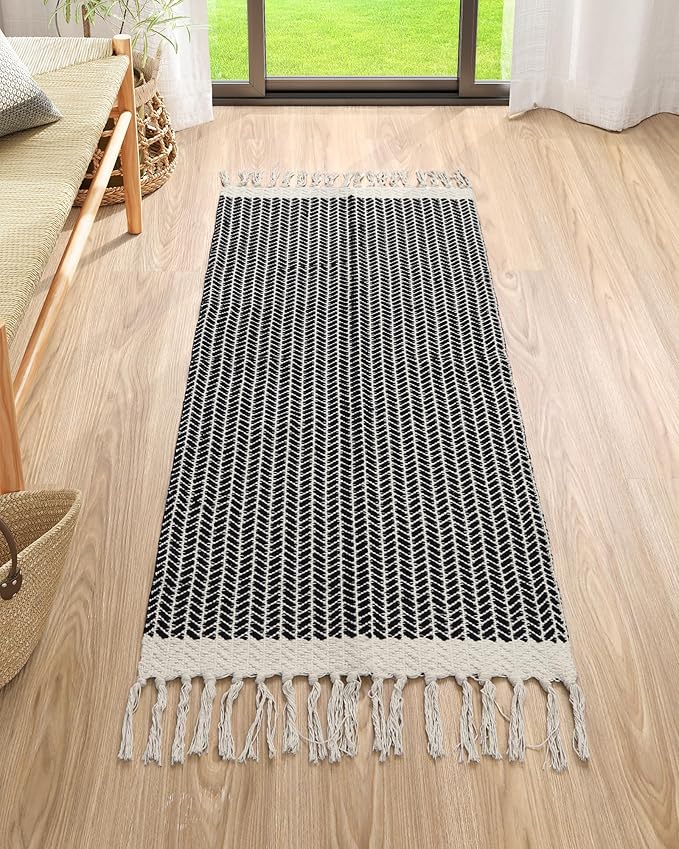 Lahome Belle Boho Kitchen Runner, 2x4.3 Bathroom Runner Rugs Lightweight Entryway Rug Woven Cotton Throw Mat with Tassels, Farmhouse Non Shedding Washable Black Low Pile Runners for Bedroom Doorway