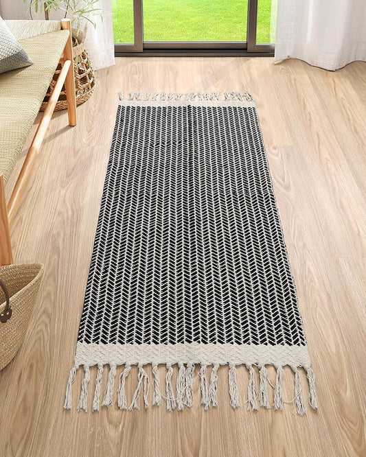 Lahome Belle Boho Kitchen Runner, 2x4.3 Bathroom Runner Rugs Lightweight Entryway Rug Woven Cotton Throw Mat with Tassels, Farmhouse Non Shedding Washable Black Low Pile Runners for Bedroom Doorway