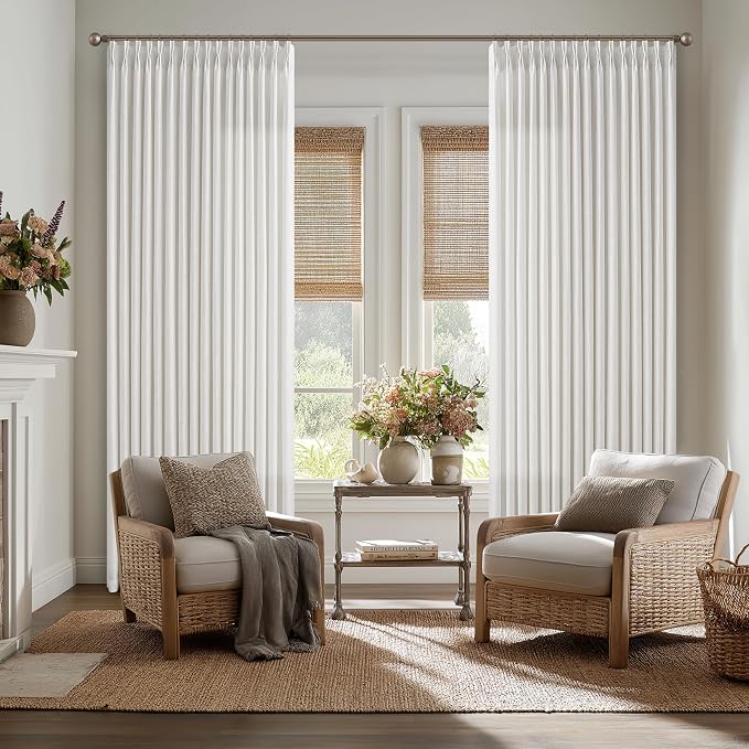 120 Inch Length Extra Long Linen Curtains Modern Neutral Curtain 10 Foot Light Filtering Semi Sheer Back Tab Pinch Pleat Curtain for Tall Ceiling Living Room 2 Panels 50 by 120 Inch Ivory Beige White
