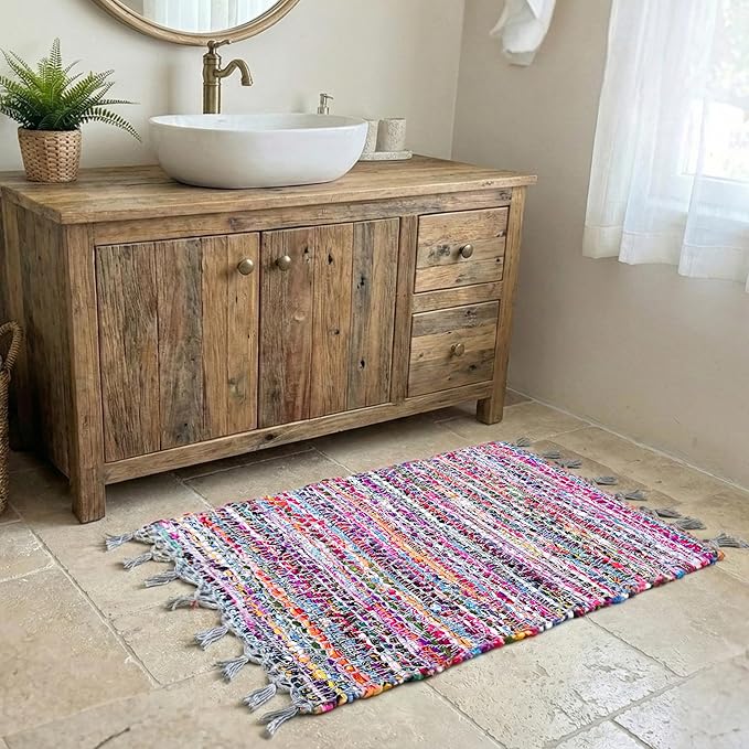 Cotton Diamond Chindi Rug 2x3 Feet - Multi, Bohemian Hand Woven Soft Recycled Decorative Floor Rag Rugs Ideal for Entryway, Kitchen, Nursay Room | Small Durable Colorful Door Mat for Home Décor