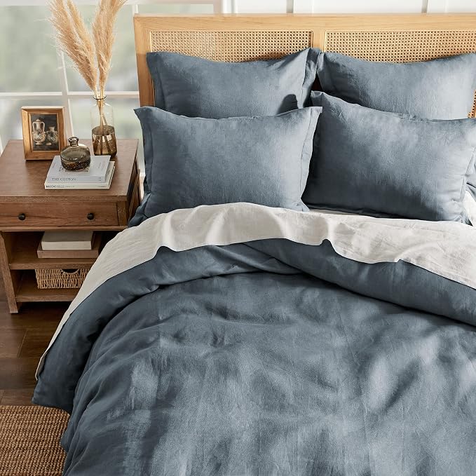 Levtex Home - 100% French Flax Linen - King Duvet Cover - French Flax Washed Linen - Denim Blue - Duvet Cover Size (106x94in.)