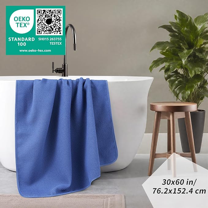 POLYTE 380 GSM Microfiber Oversize Quick Dry Lint Free Waffle Bath Towel for Body, 60 x 30 in, Set of 2