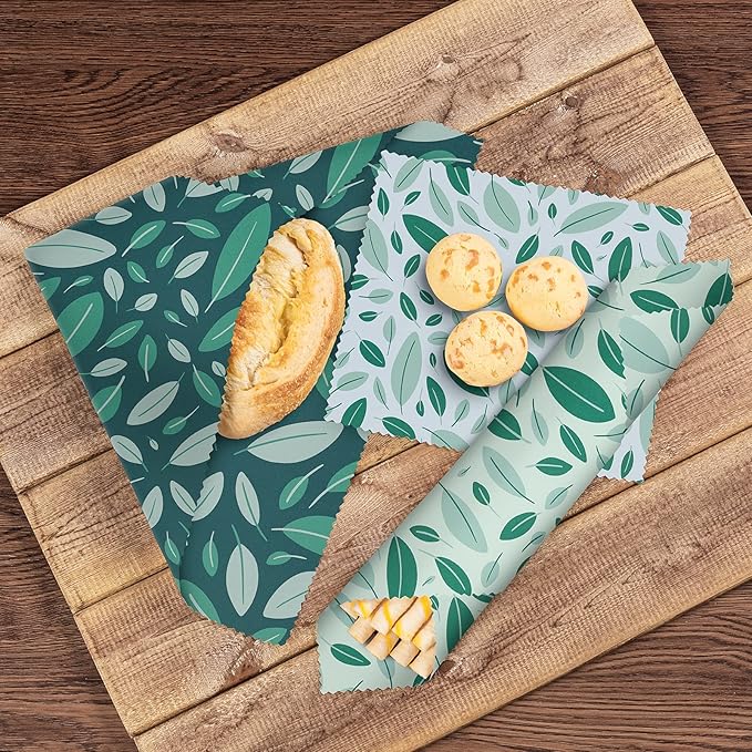 Akeeko Reusable Beeswax Food Wraps - Assorted 9 Packs, Reusable, Plastic-Free Food Storage, 5 Small, 2 Medium, 1 Large, 1 Extra Large Wraps with Boho Leaves Pattern
