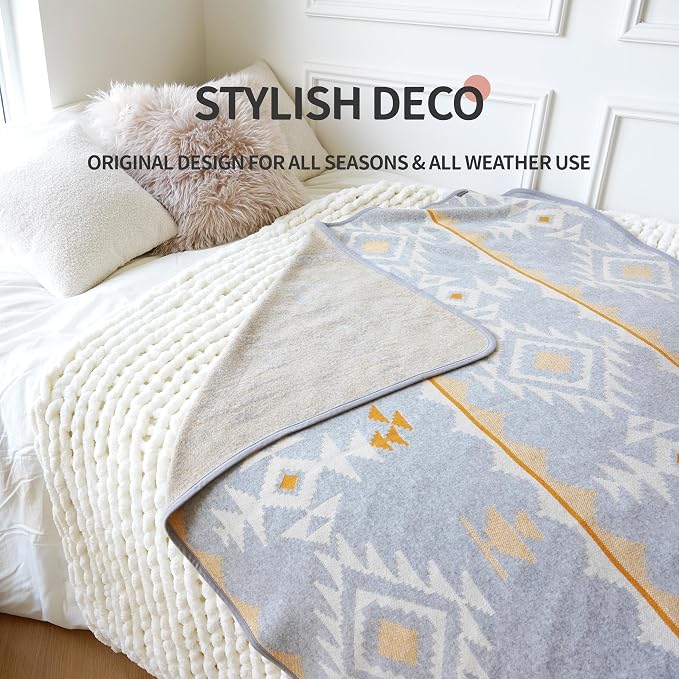 ACUSHLA Merino Wool Blanket - Warm Thick Washable Large Outdoor Camping Sleeping Throw Blanket All Weather, Morocco Grey 79x63