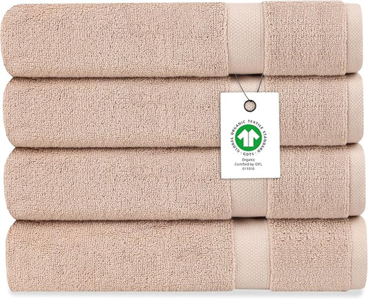 Organic Cotton Luxuriously Plush Bath Sheet Pack of 4 | GOTS & OEKO-TEX Certified | Premium Hotel Quality Towels | Feather Touch Technology|650 GSM Long Staple|Soft, Quick Dry & Ultra-Absorbent