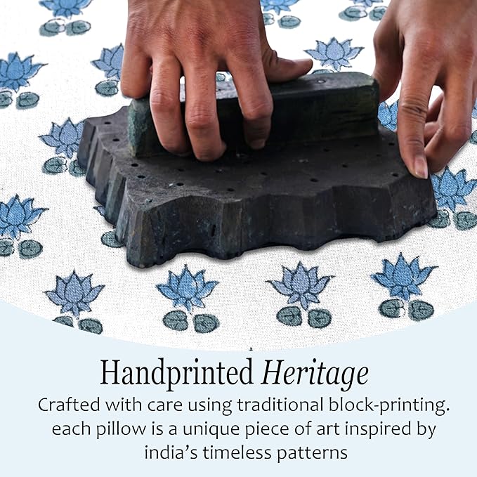 CPC Arctic Blue Hand Block Print 100% Cotton Ruffle Throw Pillow Cover 24x24 inch with Hidden Zipper Decorative for Couch, Bed, Sofa, Farmhouse, Cottagecore Decor Gift Christmas Fall Thanksgiving