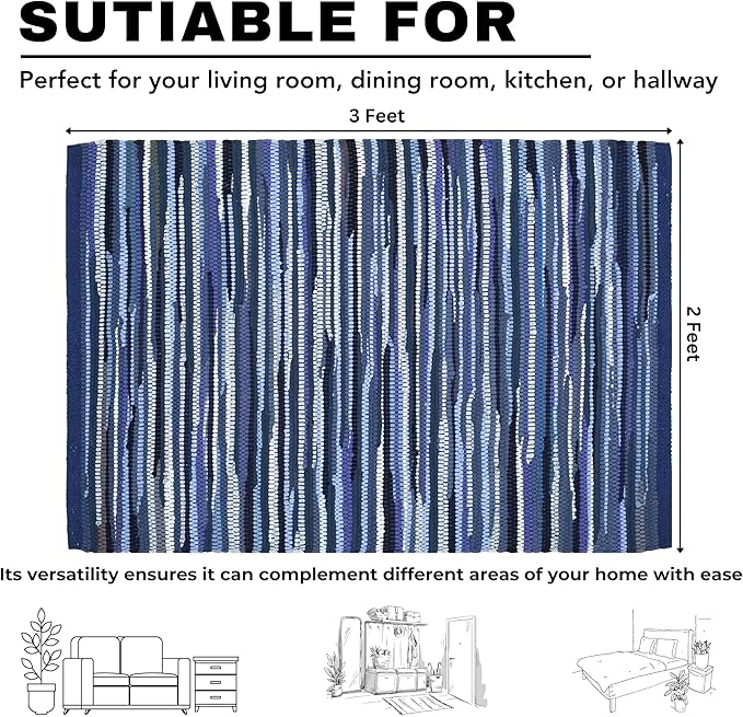 Bedding Craft Hand Made Woven Tonal Chindi 24x36 Inch Rectangle Area, Reversible Farmhouse, Braided Chindi Cotton - Blue Multi