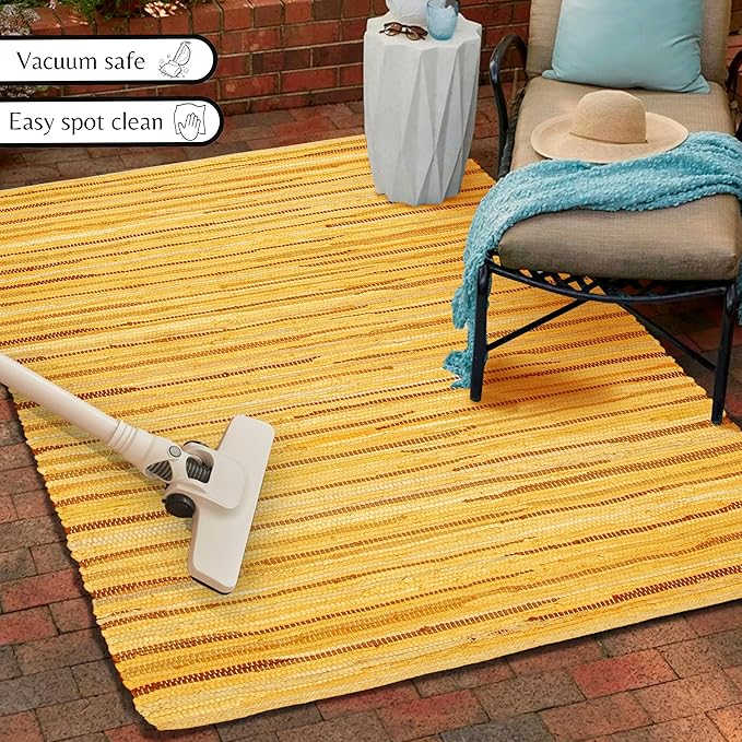 Ramanta Home 100% Cotton Hand Woven Tonal Chindi Rag Rug 3'x5' - Mustard, Recycled Reversible Rugs, Boho Rustic Farmhouse Rugs for Living Room, Dinning Room, Kitchen Floor Mats - 36"x60"