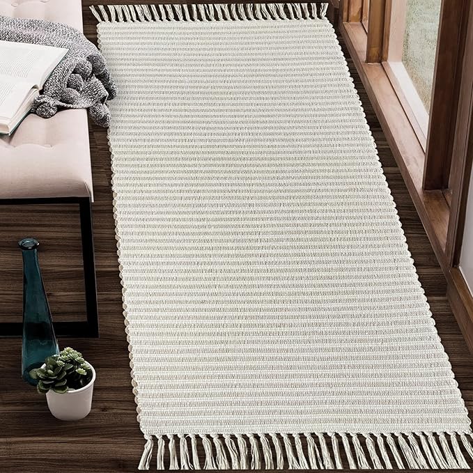Chardin Home Beige & Ivory Providence Throw - 2x6 Feet | Hand Woven Farmhouse | Great in Kitchens, Entryways, Bathrooms & Meditation | Machine Washable & Reversible Cotton