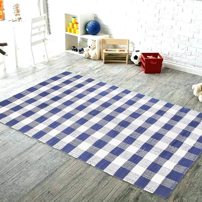 GLAMBURG Cotton Reversible Area Rug 3' x 5' Farmhouse Floor Mat, Handwoven Washable Carpet Checkered Plaid Rug for Front Porch Living Room Kitchen Bedroom - Blue White