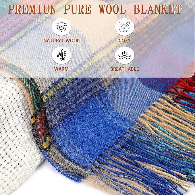 Soft Pure Wool Throw Blanket, Lightweight Warmth, 55"x83", Plaid, Fringe, Compact with Bag, Useful Gift for Women Men, All Season Decorative Cozy Travel Blanket for Couch Bed, Outdoors