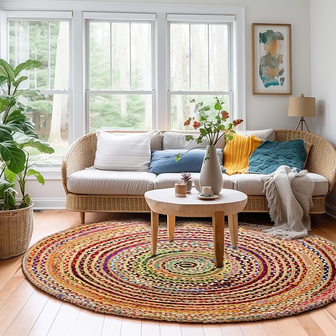 COTTON CRAFT Jute Chindi Braid Rag Rug - Boho Farmhouse Rustic Area Accent Throw Rug - Handwoven Reversible Natural Recycled Cotton - Living Room Den Study Home Décor Gift - 6 Feet Round - Multi Color