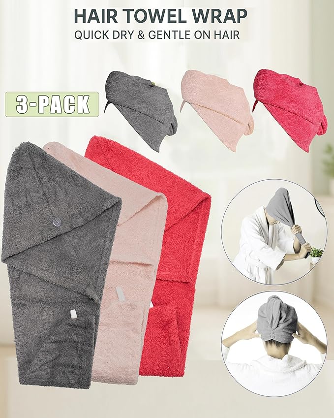 Textila 100% Cotton Hair Wrap Towels for Women, (Pack of 3 - Raspberry, Pink & Grey) Head Towel Cap, Cotton Hair Turban Towel Wrap for Long Curly Anti Frizz Hair, Soft and Absorbent Cotton Hair Towels
