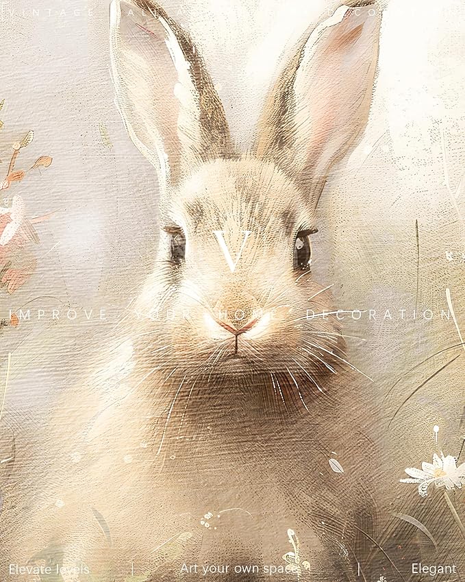 Vodefoad Easter Bunny Vintage Print, Rabbit in Spring Landscape Painting, Funny Rustic Summer Decor, Hare Nursery Wall Art Printable, Neutral Moody Meadow Oil Painting Vintage Art Pictures for Bedroom Bathroom Decor - 8x10Inch Unframe