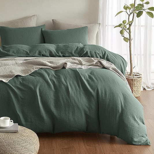 SE SOFTEXLY Muslin Duvet Cover Oversized King Size, 100% Washed Cotton Duvet Cover Set, Ultra Soft Comforter Cover Linen Like, 3 Pieces Gauze Duvet Cover with 2 Pillowcases, 98"x120", Forest Green