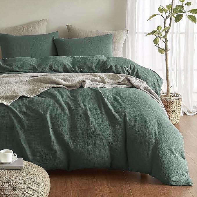 SE SOFTEXLY Muslin Duvet Cover California King Size, 100% Washed Cotton Duvet Cover Set, Ultra Soft Comforter Cover Linen Like, 3 Pieces Gauze Duvet Cover with 2 Pillowcases, 98"x104", Forest Green