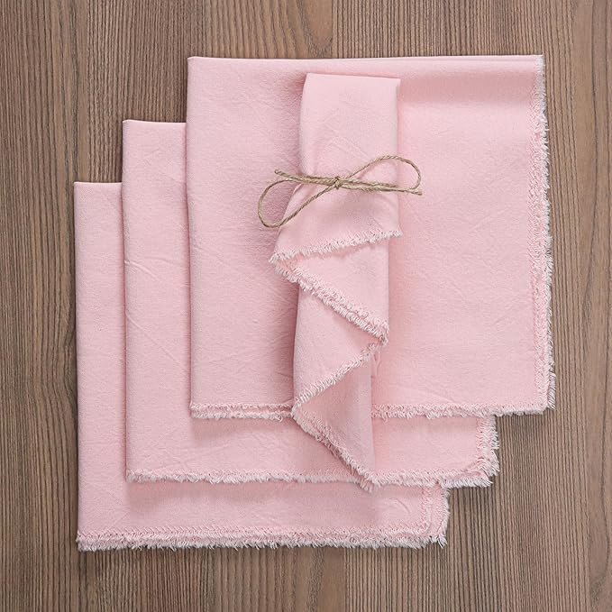 Ramanta Home Cloth Napkins Set of 4 Pink 18x18 Inch - Spring Soft & Durable Frayed Dinner Napkin for Easter Wedding, Birthday Parties | Heavy Weight Fabric Table Linen for Everyday Use Family Dinners