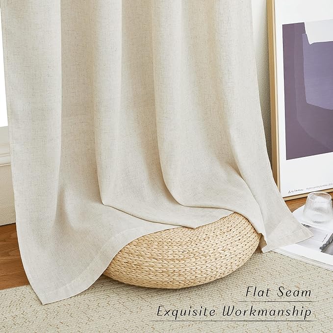 NICETOWN Natural Linen Bedroom Curtains 102 inches Long, Rod Pocket & Back Tab Thick Flax Window Treatments Privacy Assured with Light Filtering for Living Room, W55 x L102, 2 Panels