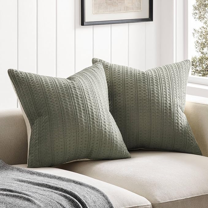 ZeeMart 100% Cotton Waffle Textured Throw Pillow Covers Set of 2, 22x22 Inch Olive, Soft Farmhouse Decorative Couch Pillow Cases Sage Green Cushion Covers for Sofa Bed Living Room Home Decor