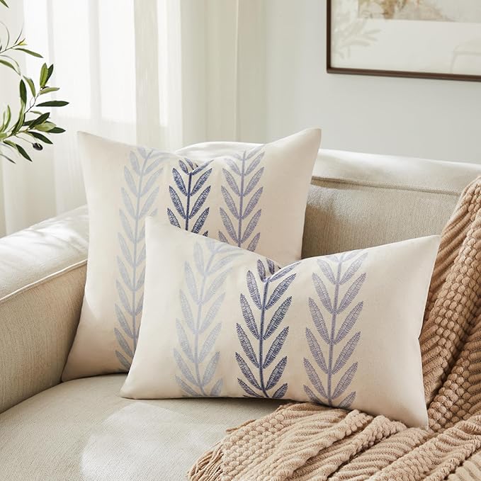 100% Cotton Farmhouse Leaves Throw Pillow Covers Set of 2, 24x24 Inch Mixed Blue Pastoral Decorative Print Cushion Covers for Sofa Bed Living Room Home Decor