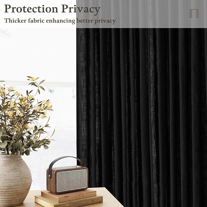 Extra Long Black Linen Curtains 120 Inches Long Modern Neutral Curtain 10 Foot Light Filtering Semi Sheer Back Tab Pinch Pleat Curtain for Tall Ceiling Living Room 2 Panels 50 by 120 Inch Length
