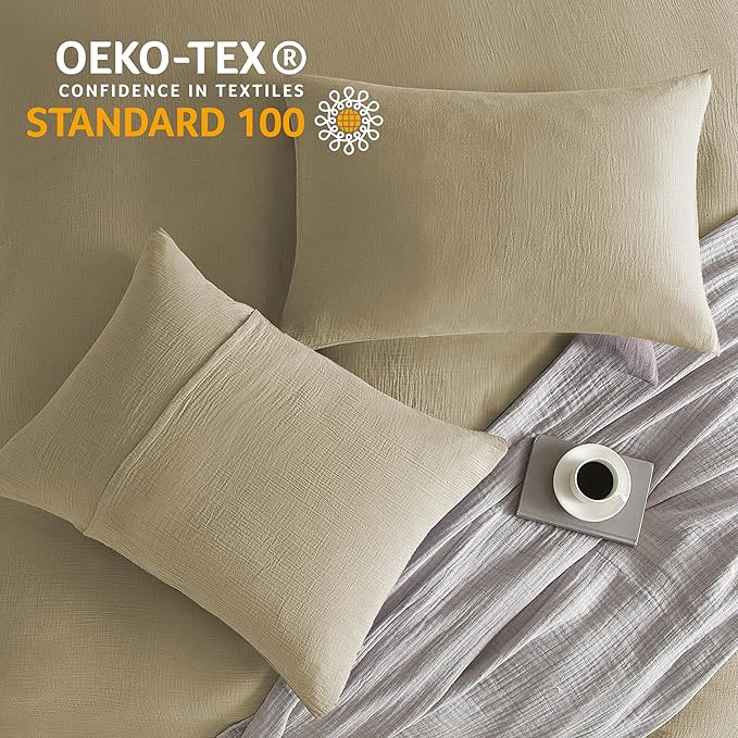Muslin Duvet Cover Oversized King Size, 100% Washed Cotton Duvet Cover Set, Ultra Soft Comforter Cover Linen Like, 3 Pieces Minimalist Gauze Duvet Cover with 2 Pillowcases, 98"x120", Oatmeal