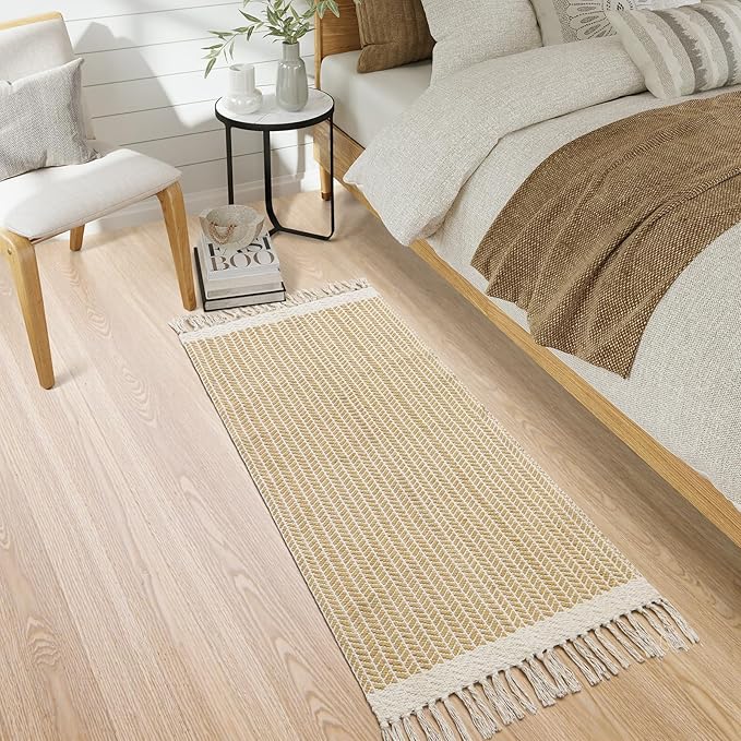 Lahome Belle Boho Bathroom Runner Rug, 2x5 Hallway Runner Rugs Washable Rugs for Entryway Indoor Door Mat with Tassels, Farmhouse Woven Cotton Low Pile Rug Runners for Hallways Laundry Room, Khaki