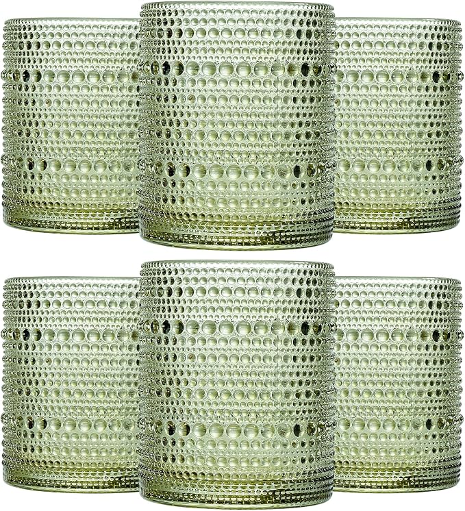 JOVGANK Green Vintage Hobnail Drinking Glasses Set of 6, Embossed Water Tumbler 12oz, Kitchen & Bar Beaded Glass Cups, Beverage Glass Cups for Water, Beer, Juice, Housewarming and Mother's Day Gift