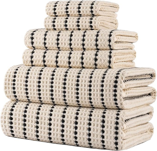 POLYTE 430 GSM Microfiber Quick Dry Lint Free Oversize Bath Towel Set, 6 Piece (Waffle Weave)